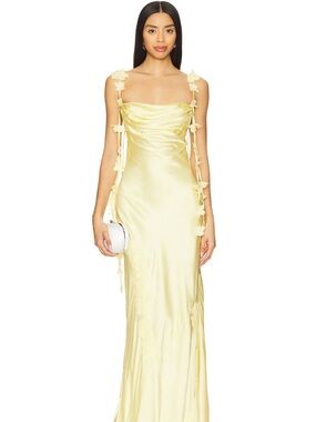 NBD Lemon Satin Inaya Maxi Dress Gown with Floral Strap Details, XS NWT